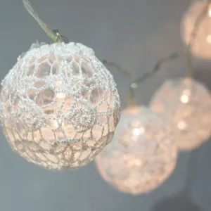 10 LED White Round Lace Fabric Ball String Light, 5.5 FT, Battery Operated