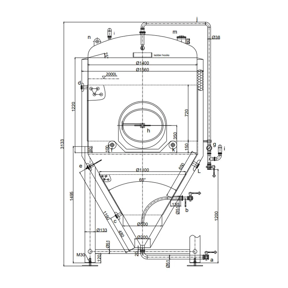 2000L Conical Fermenter (pressurisable, jacketed)