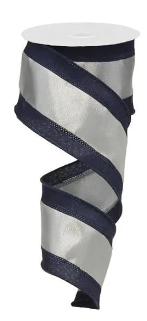 2.5" Satin Tri-Stripe Ribbon: Navy/Grey/Silver - 10Yds