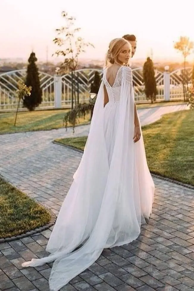 A Line Beaded Chiffon Cap Sleeves Boho Wedding Dresses, Beach Wedding Dress with Pearls UQ2066