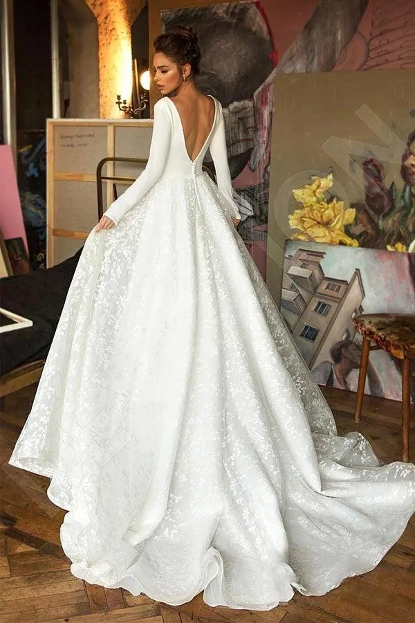 A Line Elegant Long Sleeves V Neck Beach Wedding Dress Bridal Gown  WD551