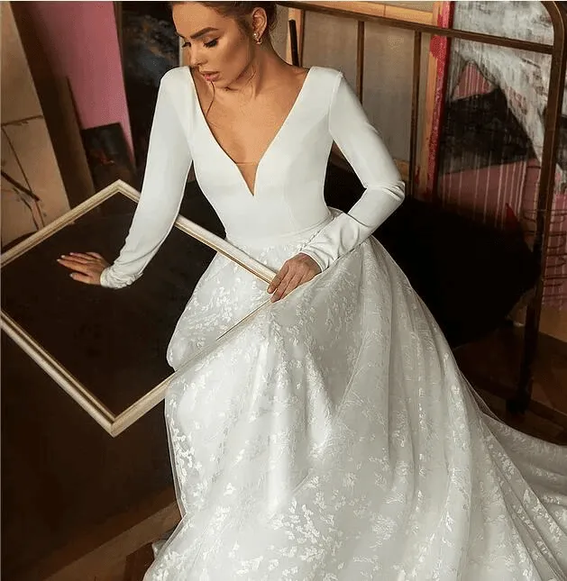 A Line Elegant Long Sleeves V Neck Beach Wedding Dress Bridal Gown  WD551