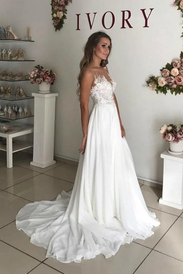 A-Line White Chiffon Appliques See Through Boho Wedding Dress WD344