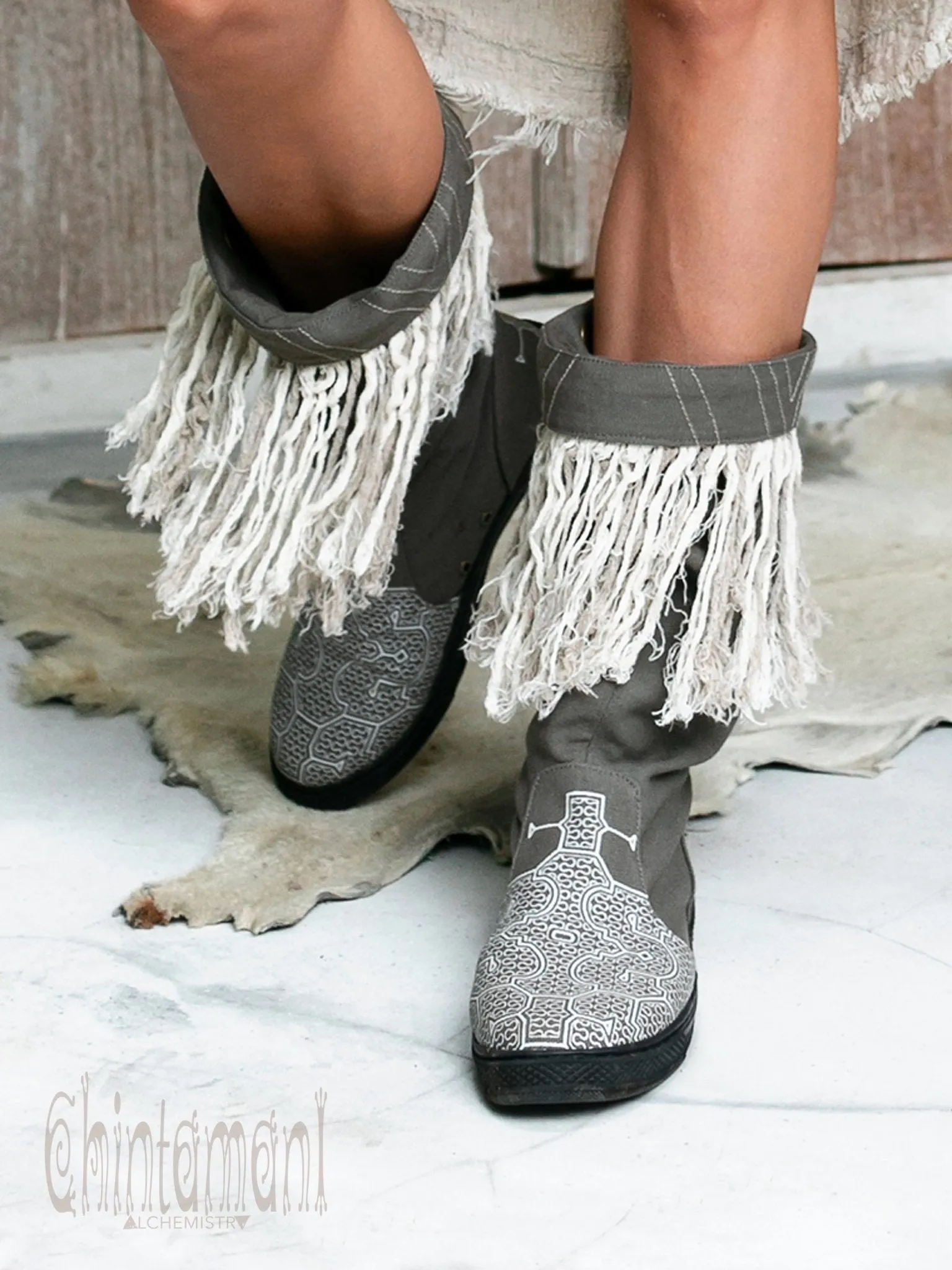 Alma Libra Cotton Canvas Vegan Fringe Boots / Boho High Shoes / Gray