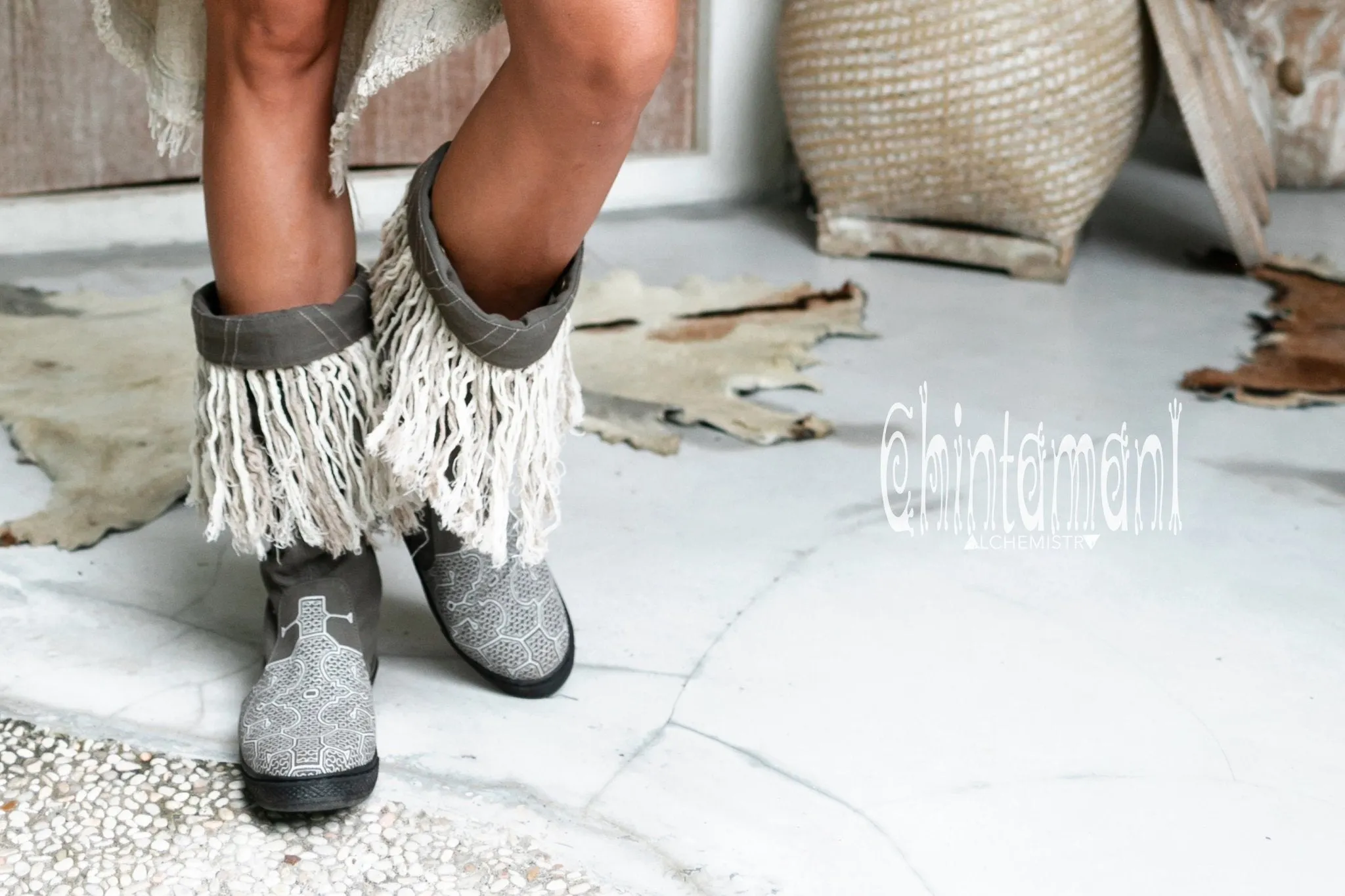 Alma Libra Cotton Canvas Vegan Fringe Boots / Boho High Shoes / Gray