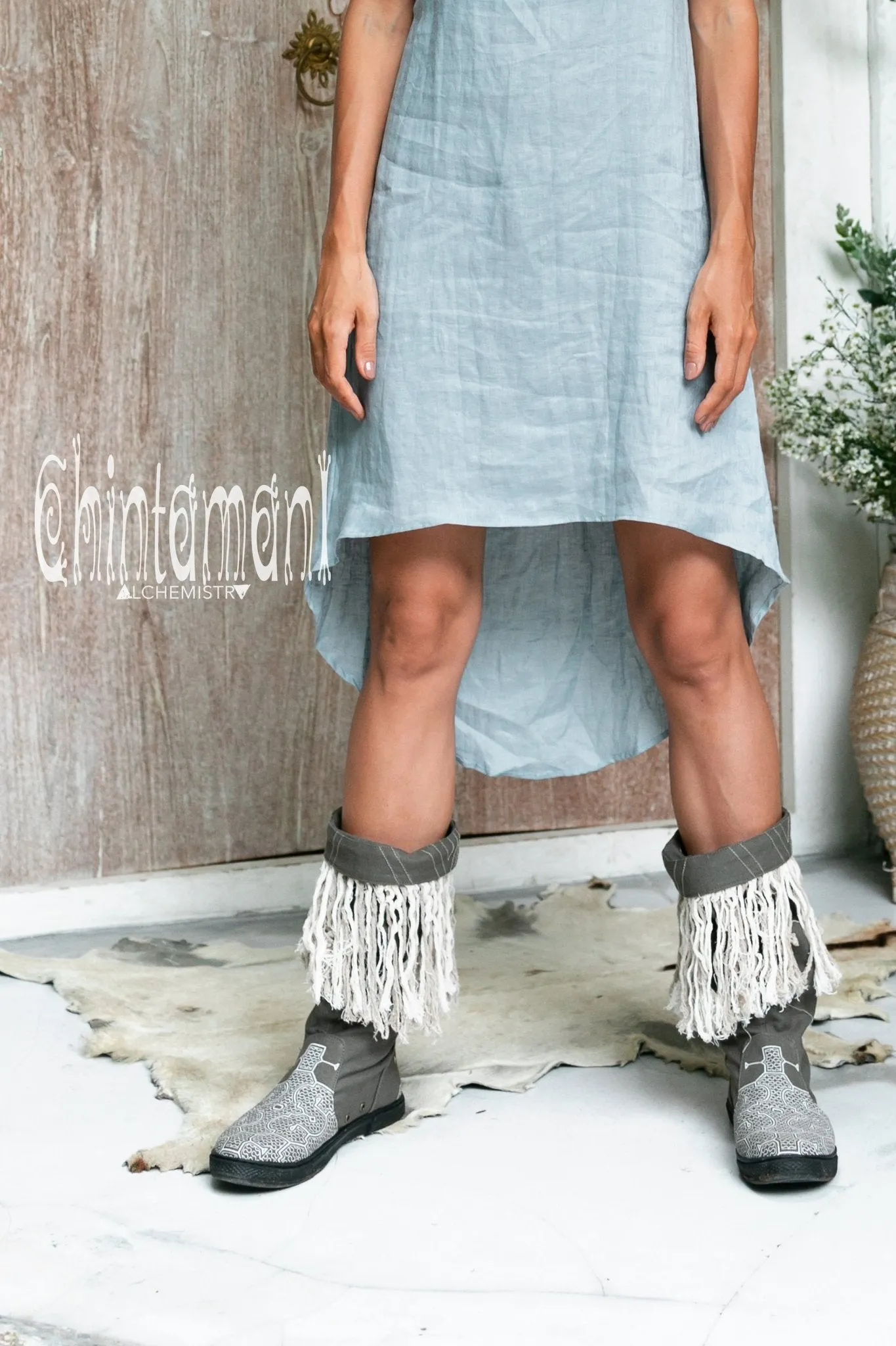 Alma Libra Cotton Canvas Vegan Fringe Boots / Boho High Shoes / Gray