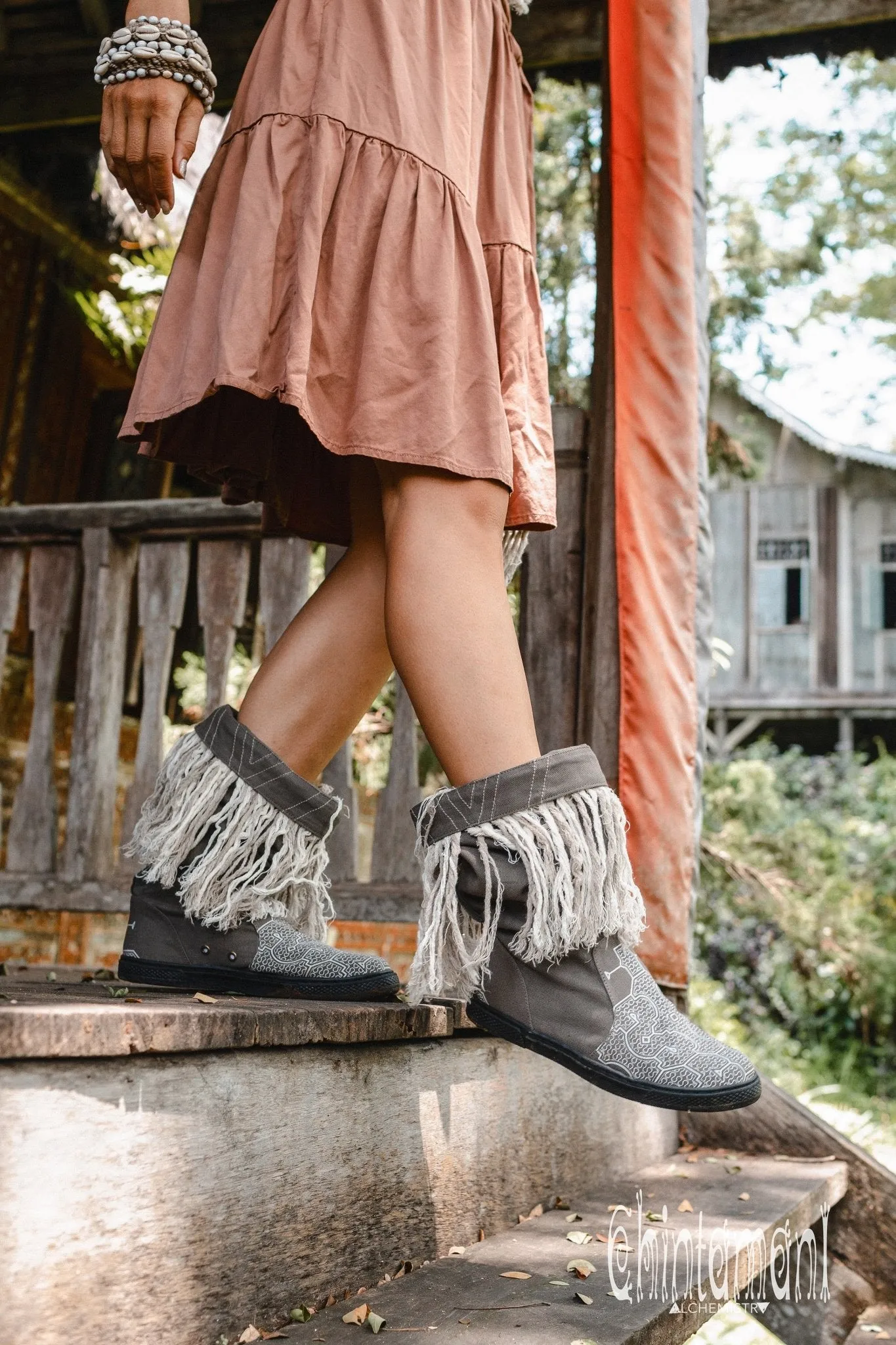 Alma Libra Cotton Canvas Vegan Fringe Boots / Boho High Shoes / Gray