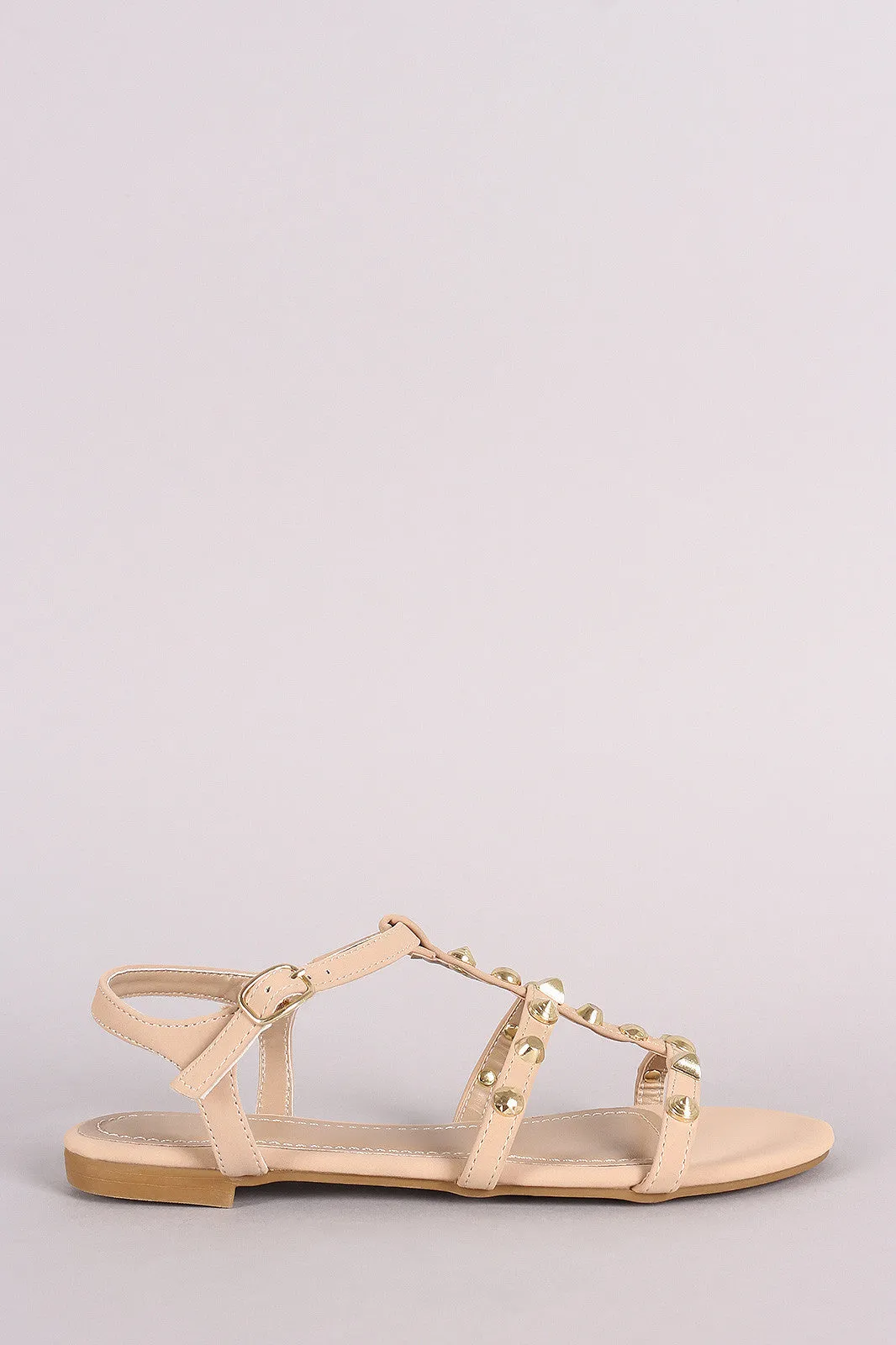 Bamboo Three T-Strap Studded Flat Sandal