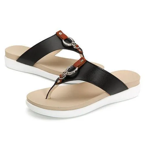 Big Size Metal Clip Toe Leather Flat Casual Beach Slippers