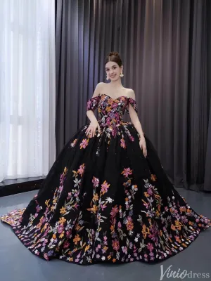 Black Floral Lace Wedding Dresses Off the Shoulder Quinceanera Dress 241029