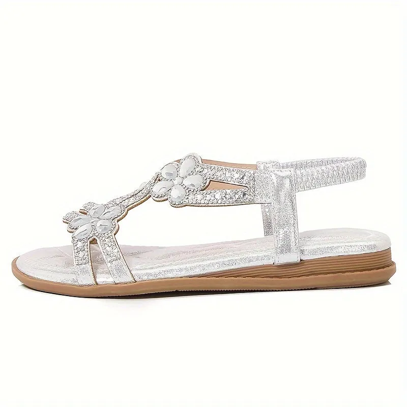 Boho-Chic Rhinestone-Embellished Flat Sandals - Elastic Slip-On Comfort for Casual Summer Days by the Beach