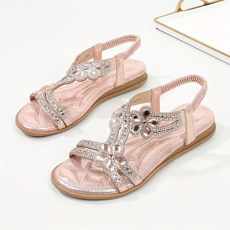 Boho-Chic Rhinestone-Embellished Flat Sandals - Elastic Slip-On Comfort for Casual Summer Days by the Beach