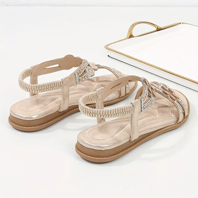 Boho-Chic Rhinestone-Embellished Flat Sandals - Elastic Slip-On Comfort for Casual Summer Days by the Beach