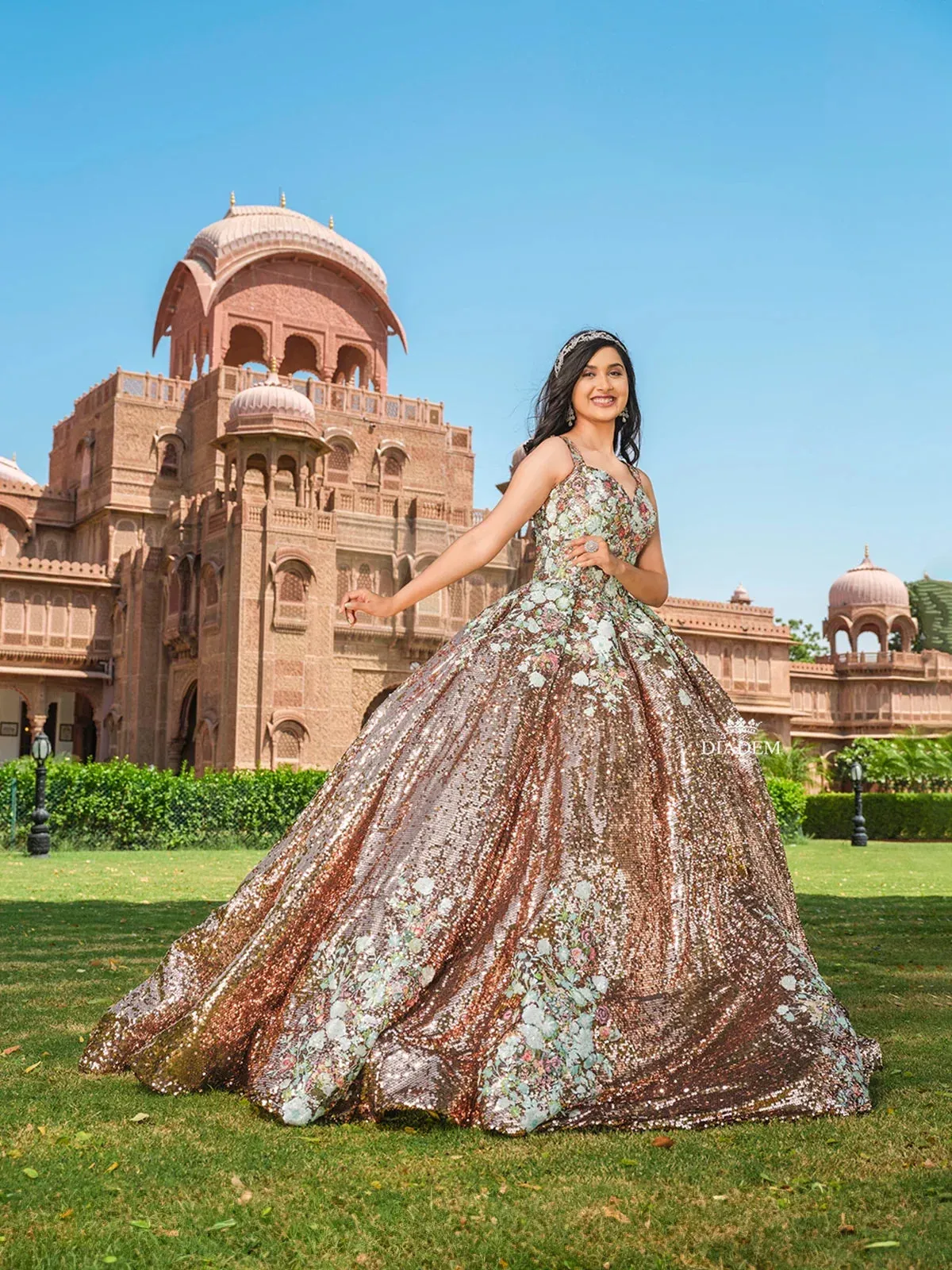 Brown Net Ball Gown Embellished with Sequins