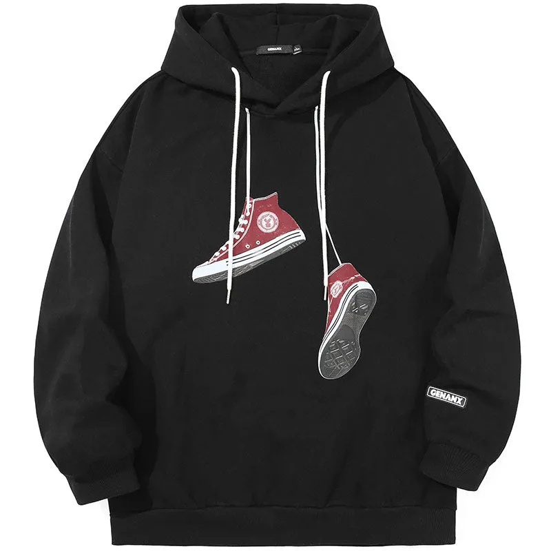 Canvas Shoes Print Drop-Shoulder Sleeve Hoodies