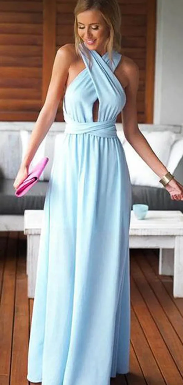 Cheap Simple Convertible Blue Long Prom Dresses for Summer Beach Wedding Party, WG59