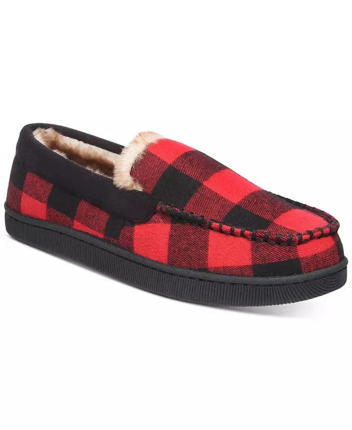 CLUB ROOM - Men's Plaid Moccasin Slippers with Faux-Fur Lining