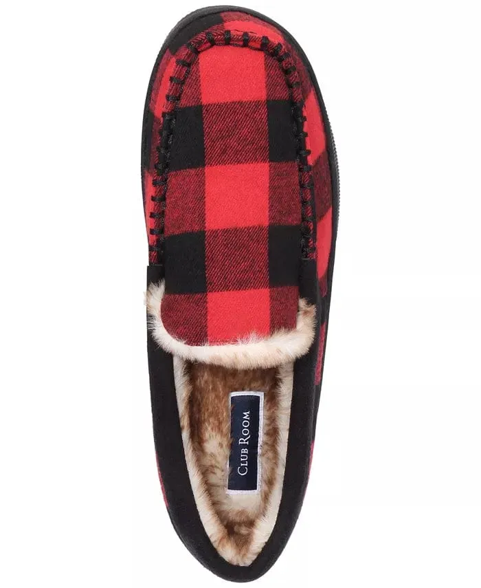 CLUB ROOM - Men's Plaid Moccasin Slippers with Faux-Fur Lining