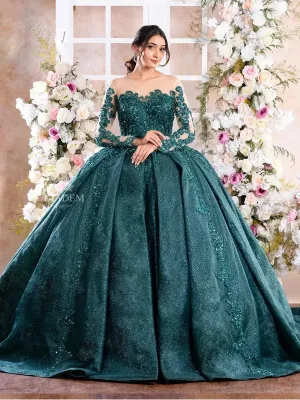 Dark Green Glitter Net Gown Embellished with Floral Laces