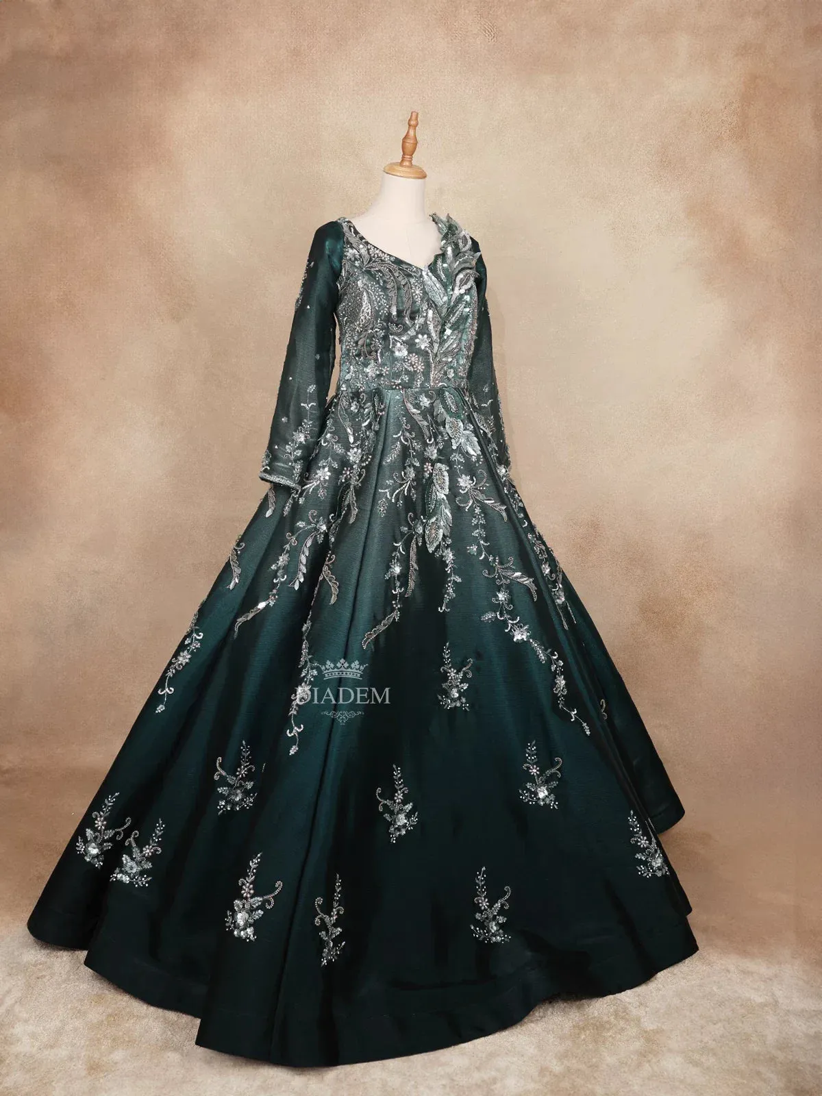 Dark Green Gown with Sequins and 3D Flowers