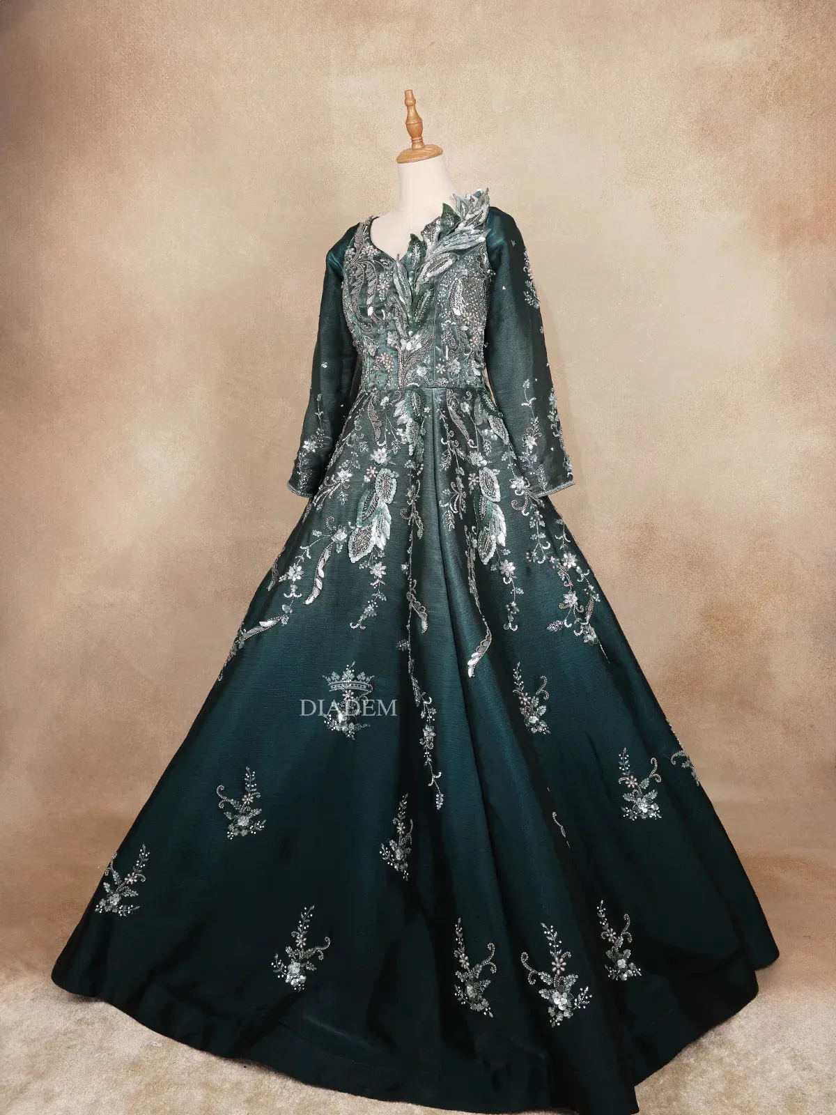 Dark Green Gown with Sequins and 3D Flowers