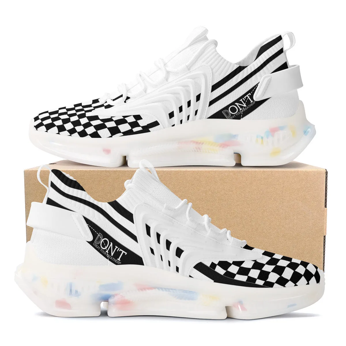 DON'T DX4 White Logo Black Stripes & White Air Max React Sneakers - White