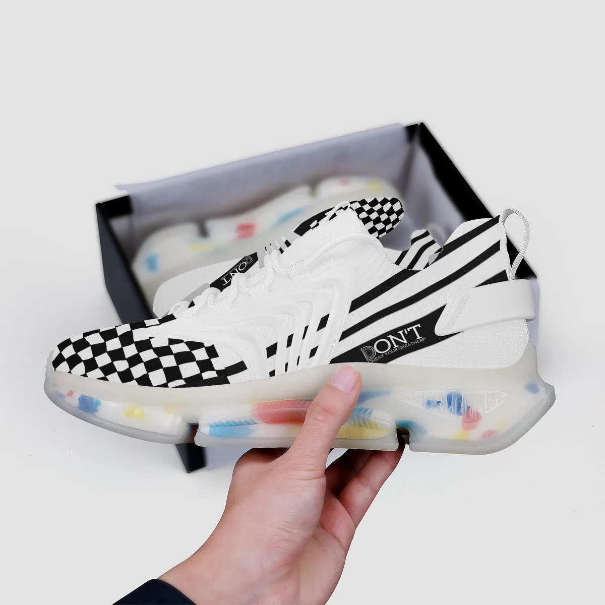 DON'T DX4 White Logo Black Stripes & White Air Max React Sneakers - White