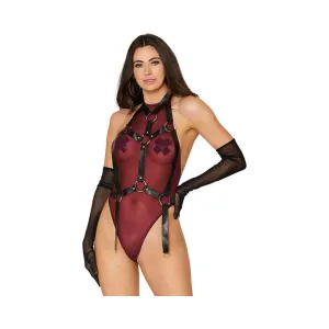 Dreamgirl High-Neck Mesh Teddy & Garter Body Harness Burgundy Black M Hanging