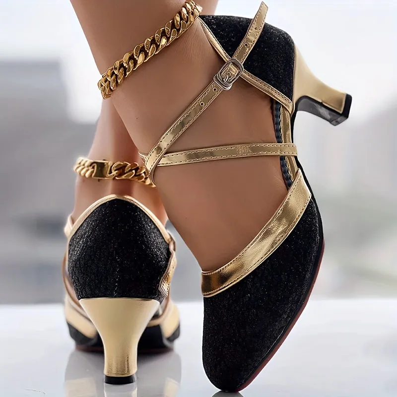 elveswallet Crisscross Buckle Strap Chunky Mid Heels Glitter D'Orsay Shoes