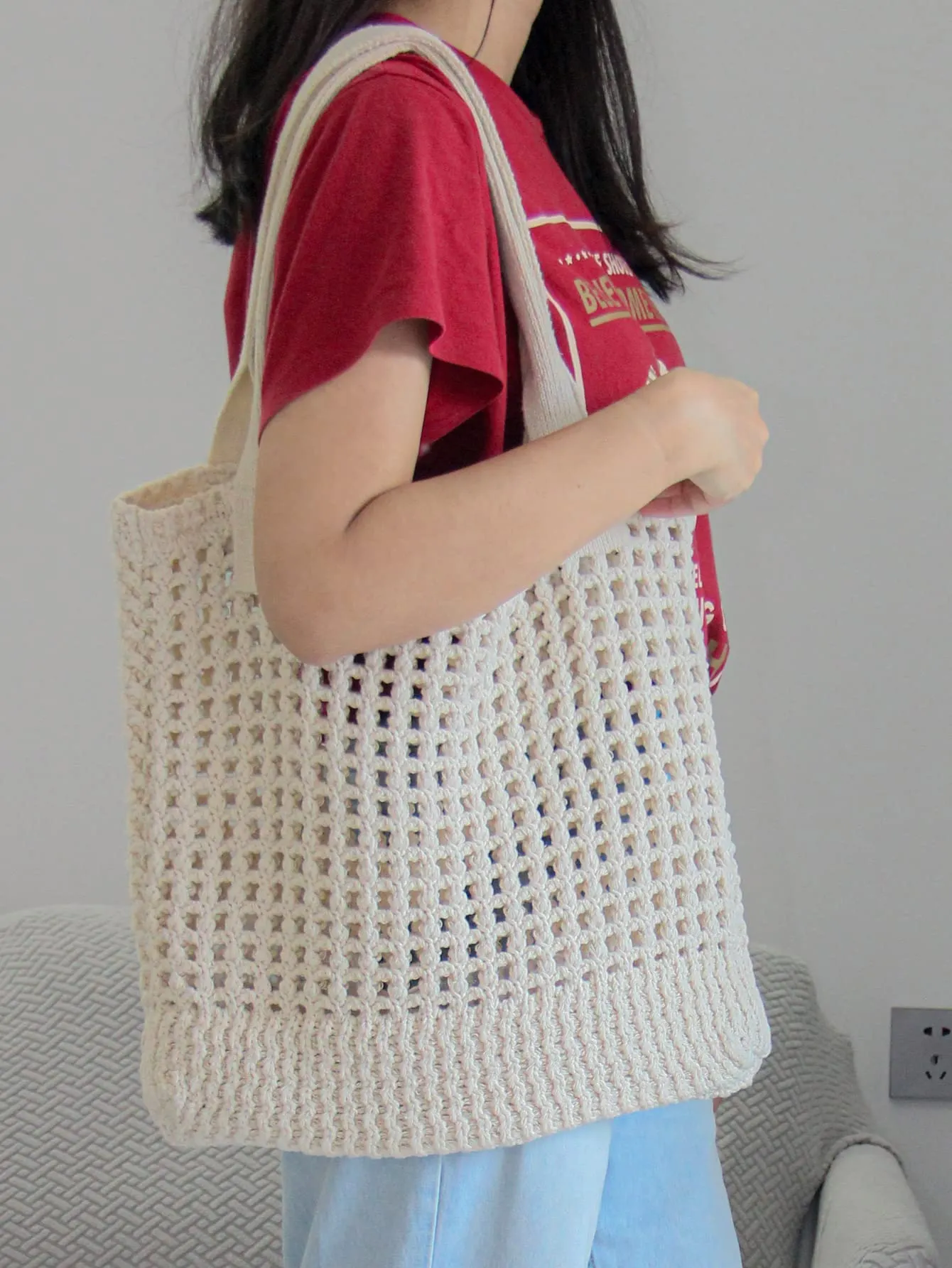 Enbei Women's Large Beach Tote Bag White Crocheted Aesthetic Shoulder Handbag