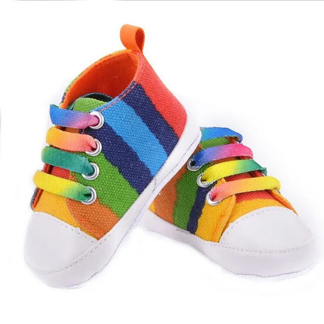 Fashion Baby Shoes Girls Boys Rainbow Canvas Shoes Soft Casual Lace Prewalkers Sneaker