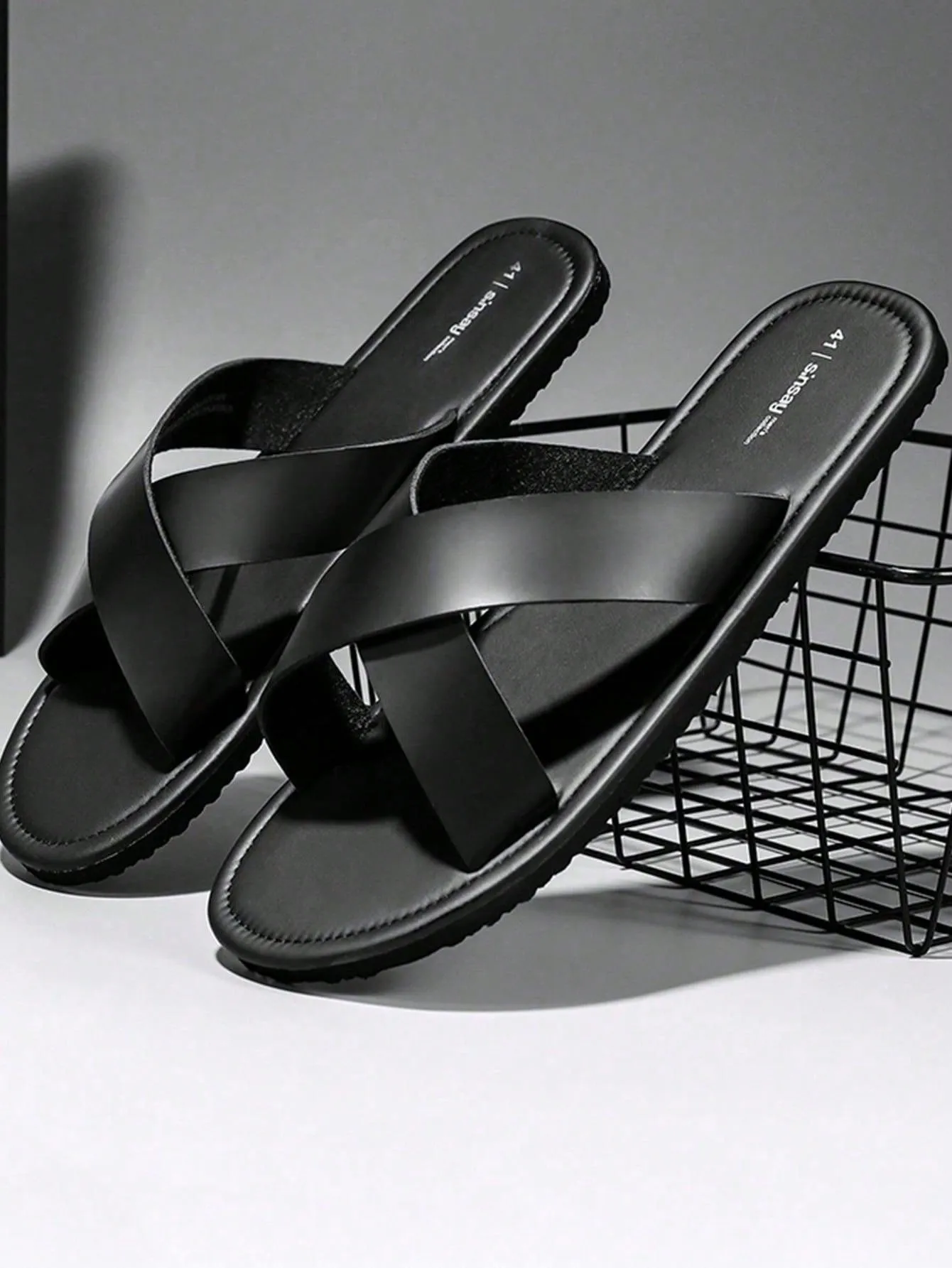 Fashion Black Slippers For Men, Criss Cross Slides