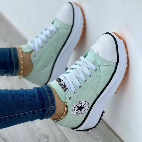 Flat Lace-Up Sneakers Pattern Canvas Casual Women Sport Shoes