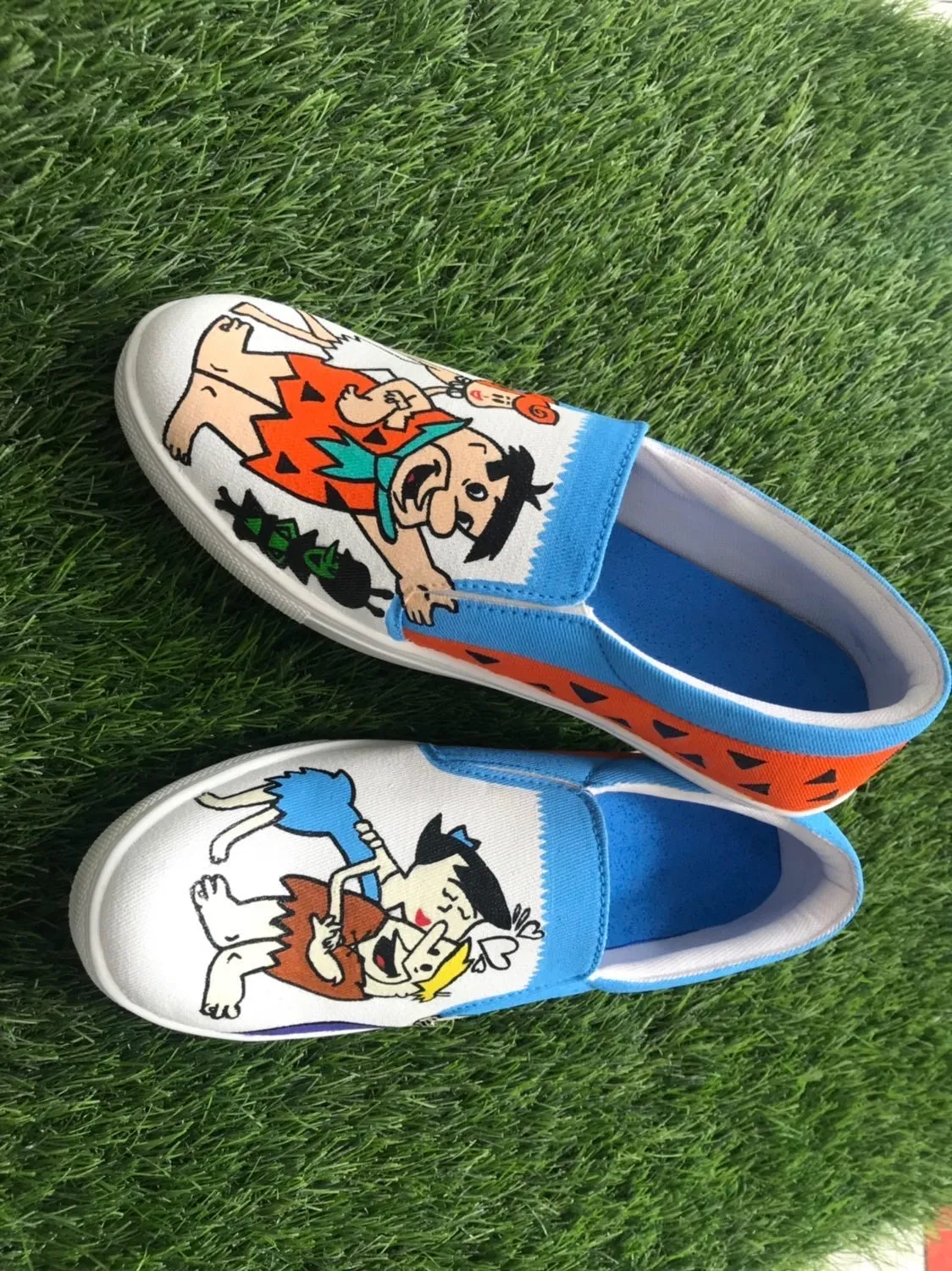 Funky N Trendy hand painted water resistant Flintstones theme white shoes/ white shoes / blue shoes / funky shoes