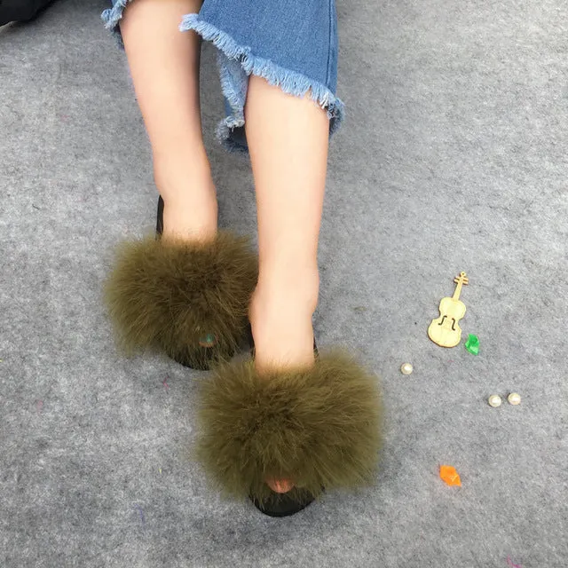 Fur Flip Flops Women Ostrich Home Slippers Female Sweet Wedges Sandals Beach Shoes Summer Pantufa Platform Fashion Chinelo Hot