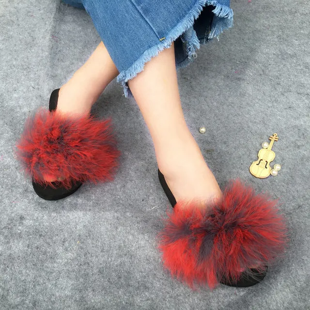 Fur Flip Flops Women Ostrich Home Slippers Female Sweet Wedges Sandals Beach Shoes Summer Pantufa Platform Fashion Chinelo Hot