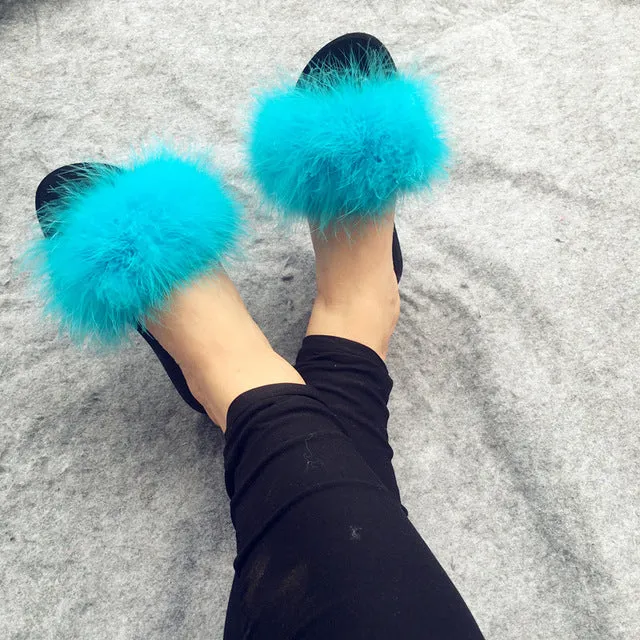 Fur Flip Flops Women Ostrich Home Slippers Female Sweet Wedges Sandals Beach Shoes Summer Pantufa Platform Fashion Chinelo Hot