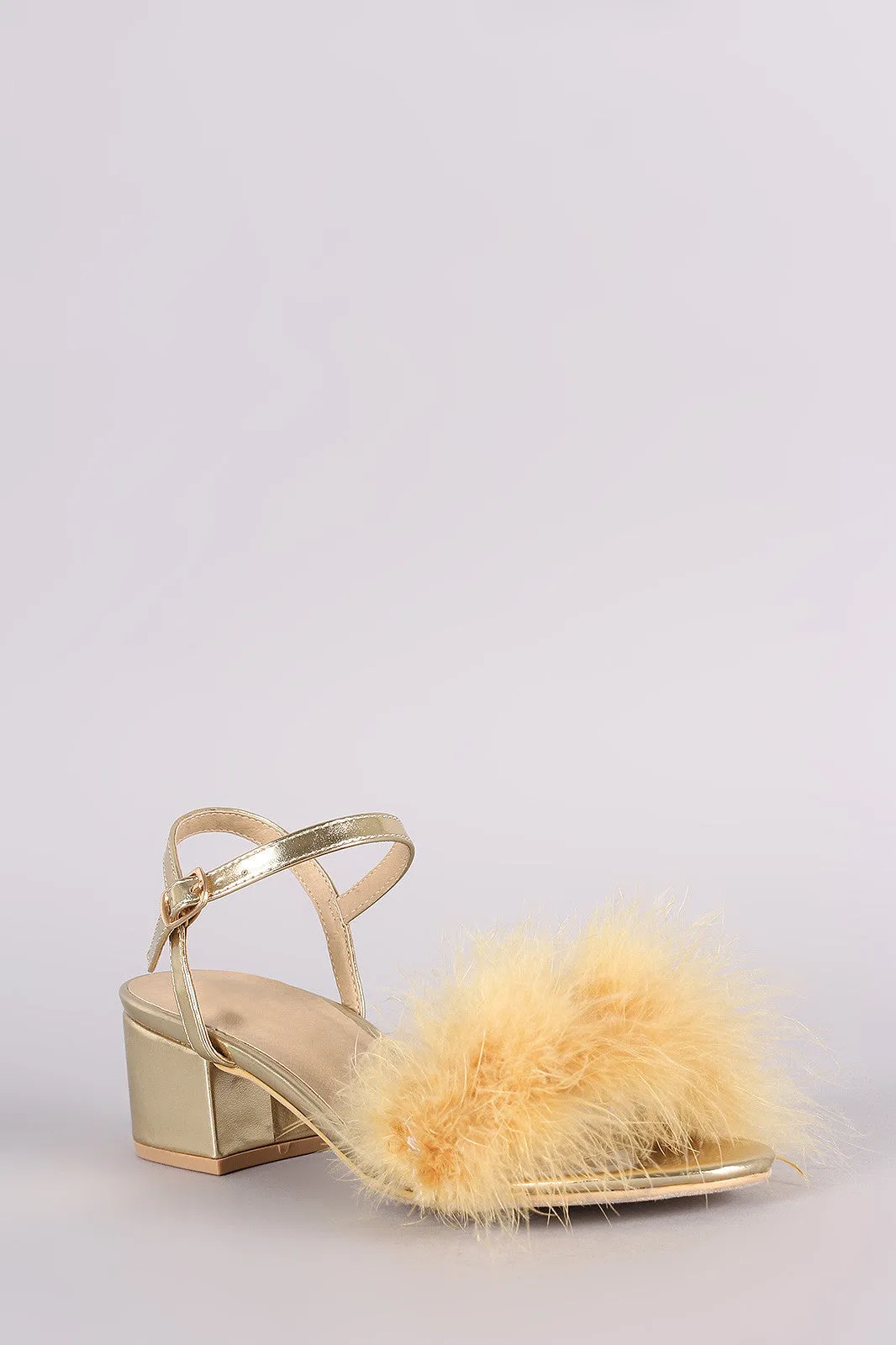 Fur Open Toe Ankle Strap Block Heeled Sandal