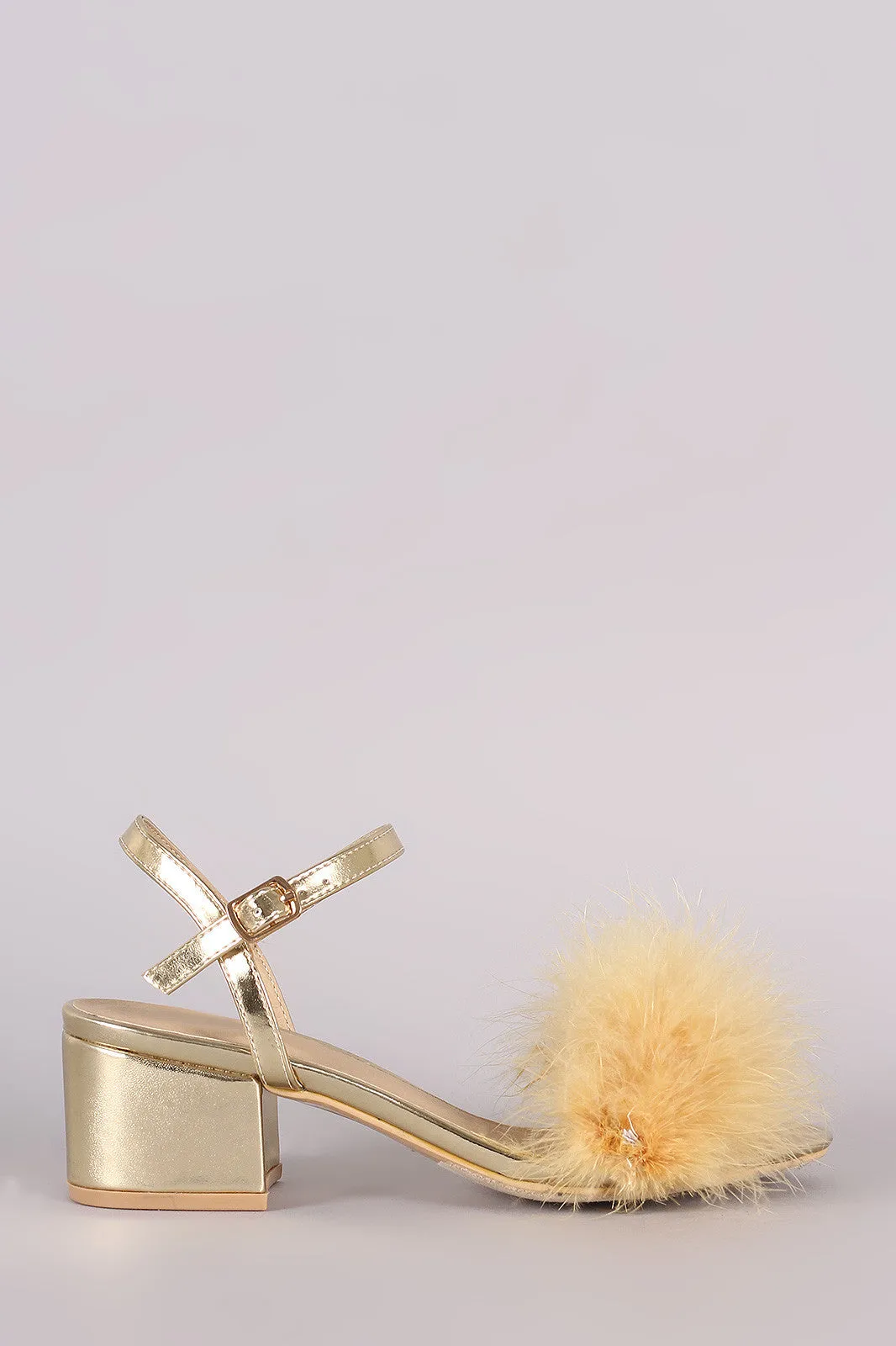 Fur Open Toe Ankle Strap Block Heeled Sandal