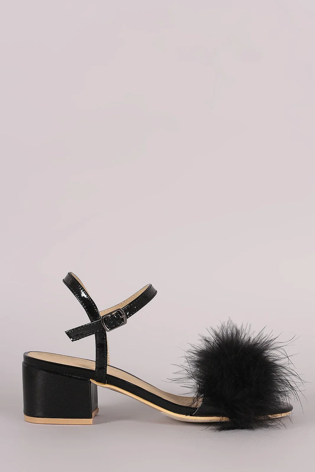 Fur Open Toe Ankle Strap Block Heeled Sandal