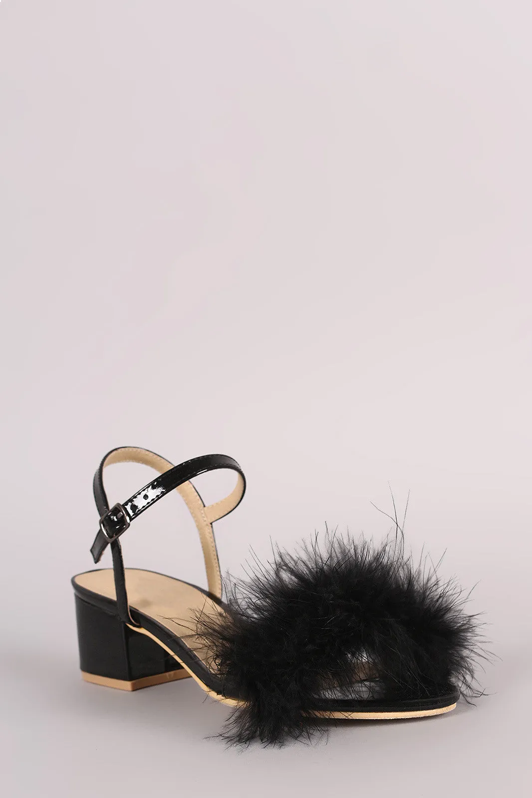 Fur Open Toe Ankle Strap Block Heeled Sandal