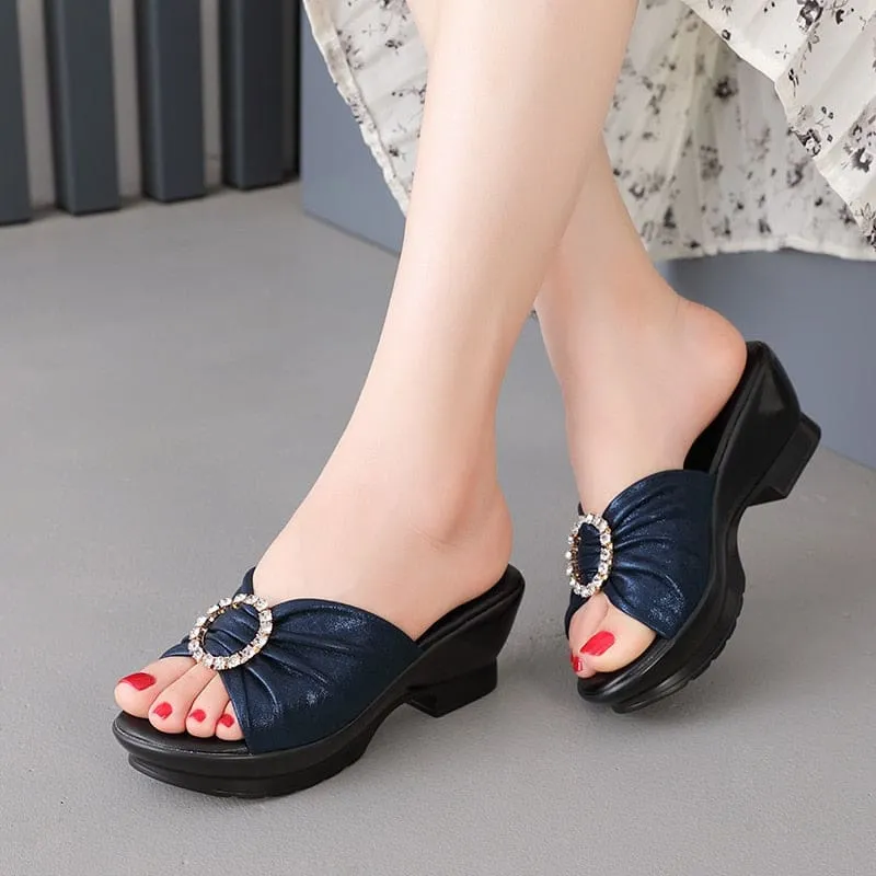 Genuine Leather Anti-slip Summer Mid Heels Flip Flops Fashion Women Beach Shoes