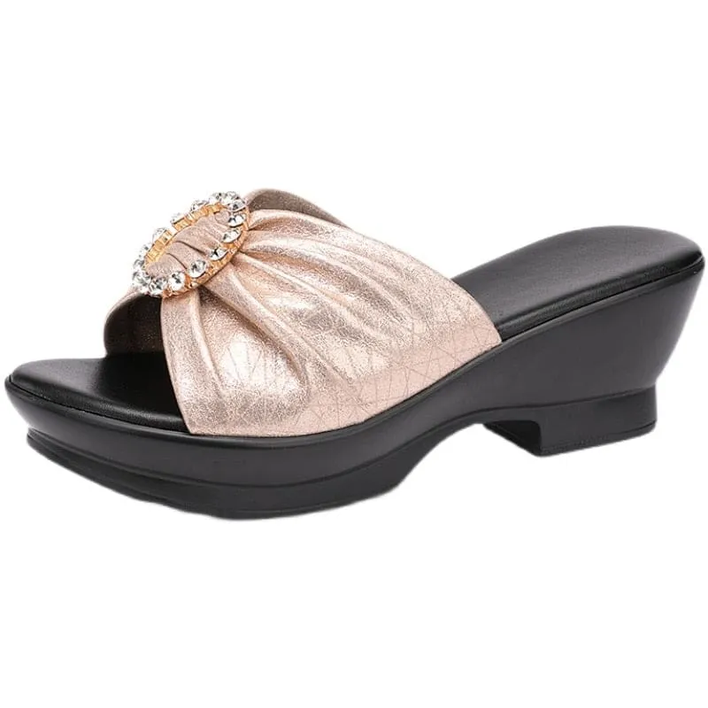 Genuine Leather Anti-slip Summer Mid Heels Flip Flops Fashion Women Beach Shoes