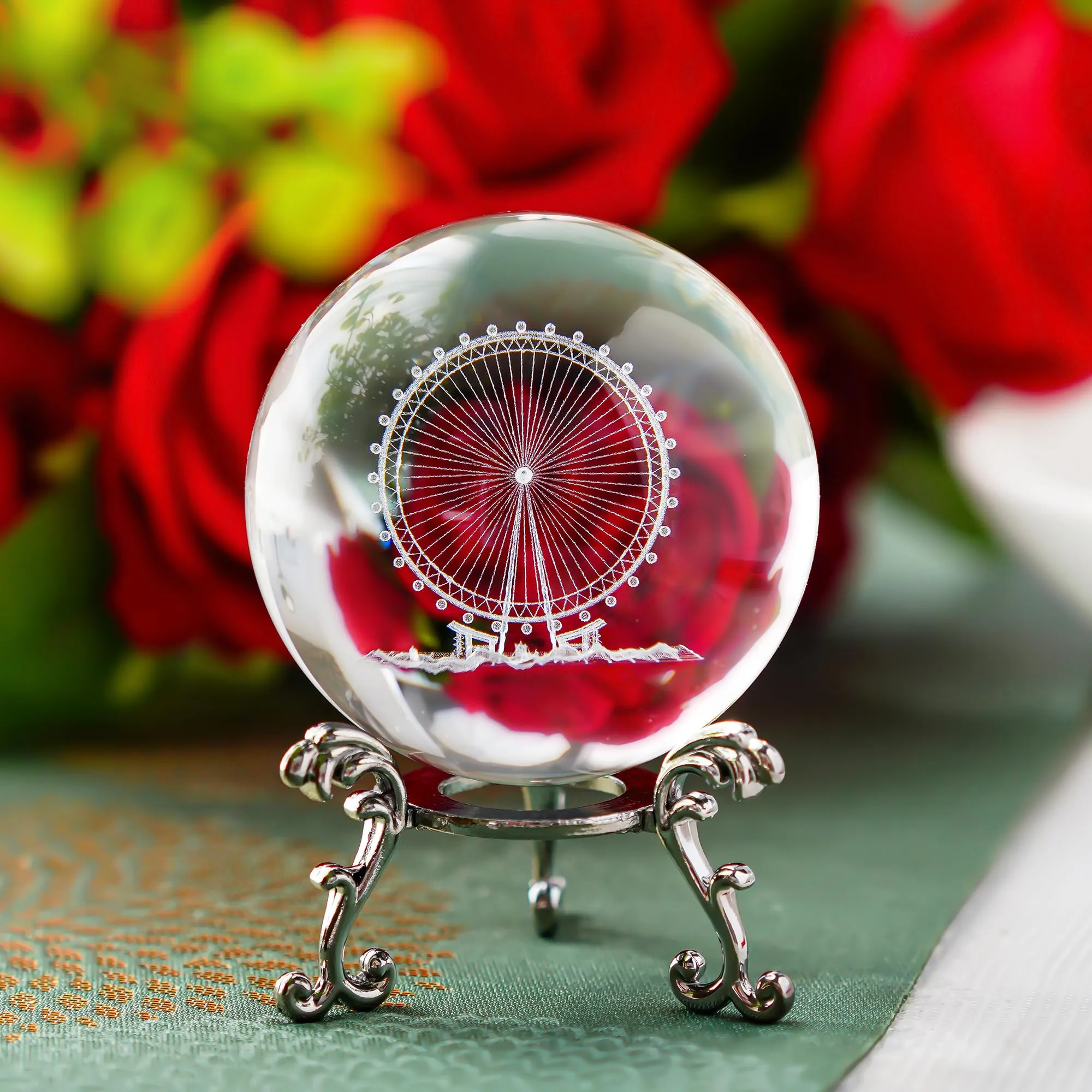 HDCRYSTALGIFTS Crystal 2.4 inch (60mm) Carving Ferris Wheel Crystal Ball with Sliver-Plated Flowering Stand,Fengshui Glass Ball Home Decoration