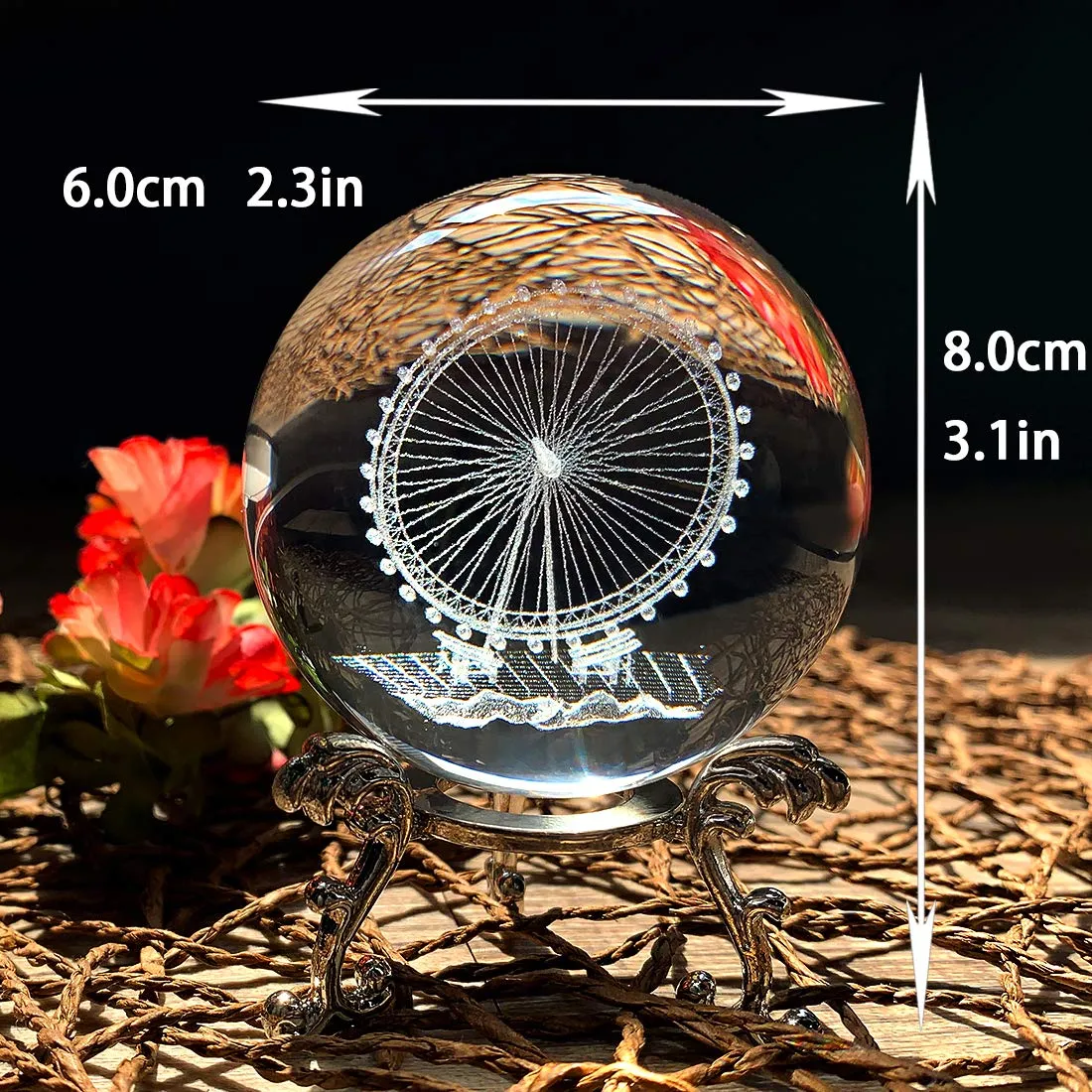 HDCRYSTALGIFTS Crystal 2.4 inch (60mm) Carving Ferris Wheel Crystal Ball with Sliver-Plated Flowering Stand,Fengshui Glass Ball Home Decoration