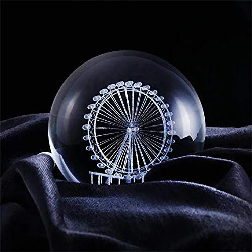 HDCRYSTALGIFTS Crystal 2.4 inch (60mm) Carving Ferris Wheel Crystal Ball with Sliver-Plated Flowering Stand,Fengshui Glass Ball Home Decoration