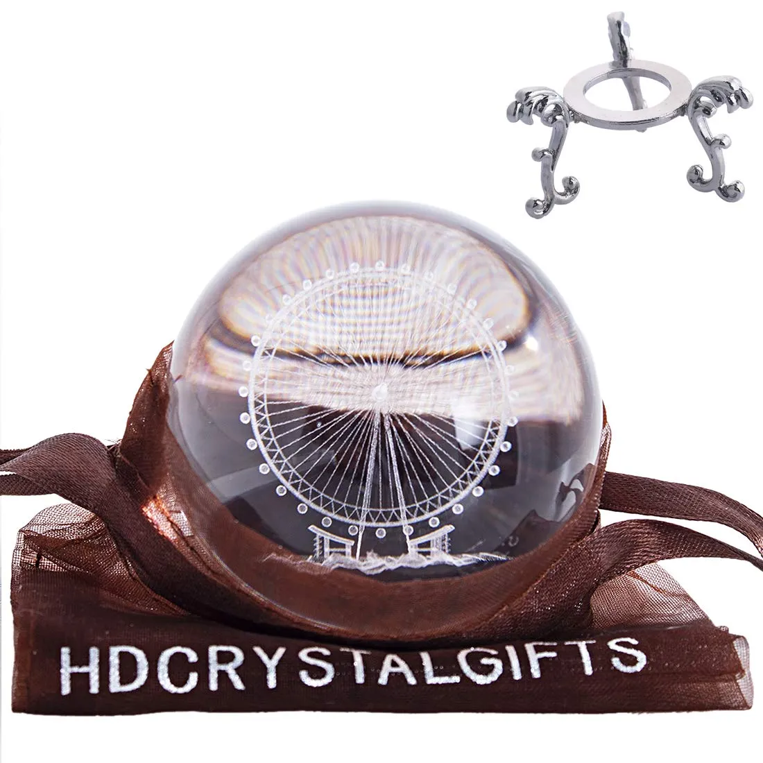 HDCRYSTALGIFTS Crystal 2.4 inch (60mm) Carving Ferris Wheel Crystal Ball with Sliver-Plated Flowering Stand,Fengshui Glass Ball Home Decoration