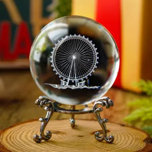 HDCRYSTALGIFTS Crystal 2.4 inch (60mm) Carving Ferris Wheel Crystal Ball with Sliver-Plated Flowering Stand,Fengshui Glass Ball Home Decoration