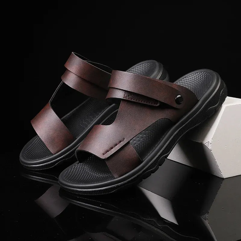 Hnzxzm Men's Slippers outdoor Summer New Sandals Men Leather Sandals breathable Adult Thick-soled Beach Shoes Non-slip Open-toe Sandals