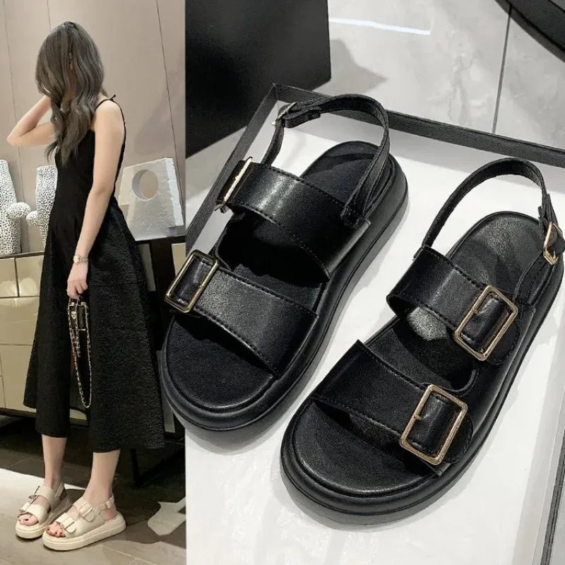 Hnzxzm Women Beach Sandals Solid Pu Leather Metal Detailed Ankle Buckle Strap Summer Ladies Low Heel Shoes Woman Slippers Female